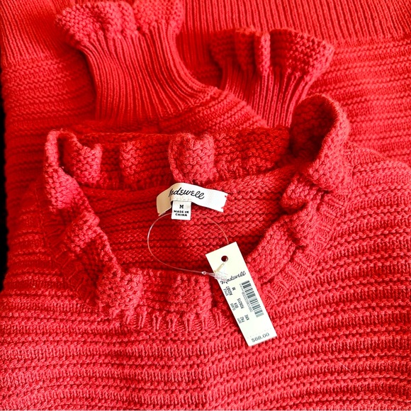 *NWT* MADEWELL Ruffle Ribbed Merino Wool High Neck Pullover Sweater in Red — M - Picture 3 of 7